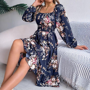 Elegant flower square collar long sleeve waist ruffled A - line dress - Negative Apparel