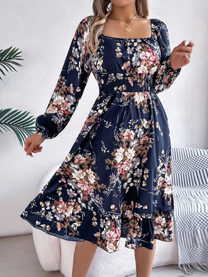 Elegant flower square collar long sleeve waist ruffled A - line dress - Negative Apparel