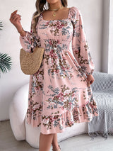 Elegant flower square collar long sleeve waist ruffled A - line dress - Negative Apparel