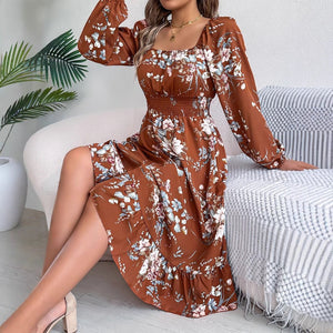 Elegant flower square collar long sleeve waist ruffled A - line dress - Negative Apparel