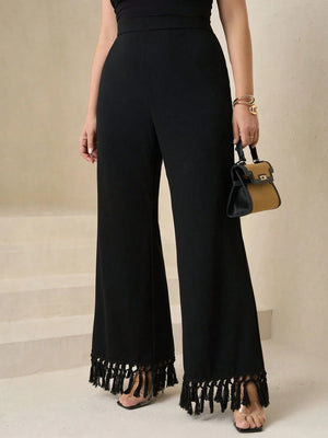 Elegant High Waist Pleated Wide Leg Pants,Plus Size - Negative Apparel