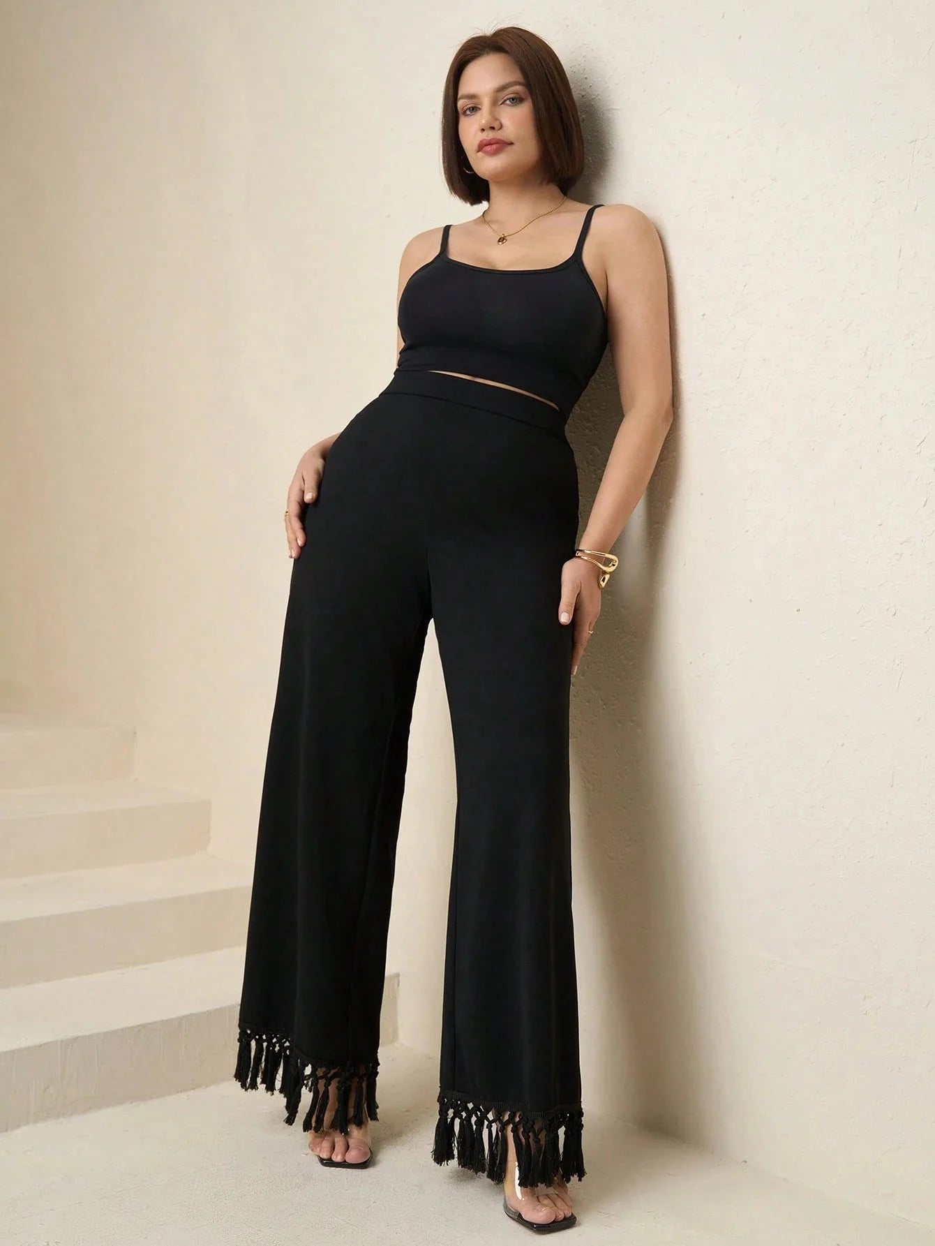 Elegant High Waist Pleated Wide Leg Pants,Plus Size - Negative Apparel