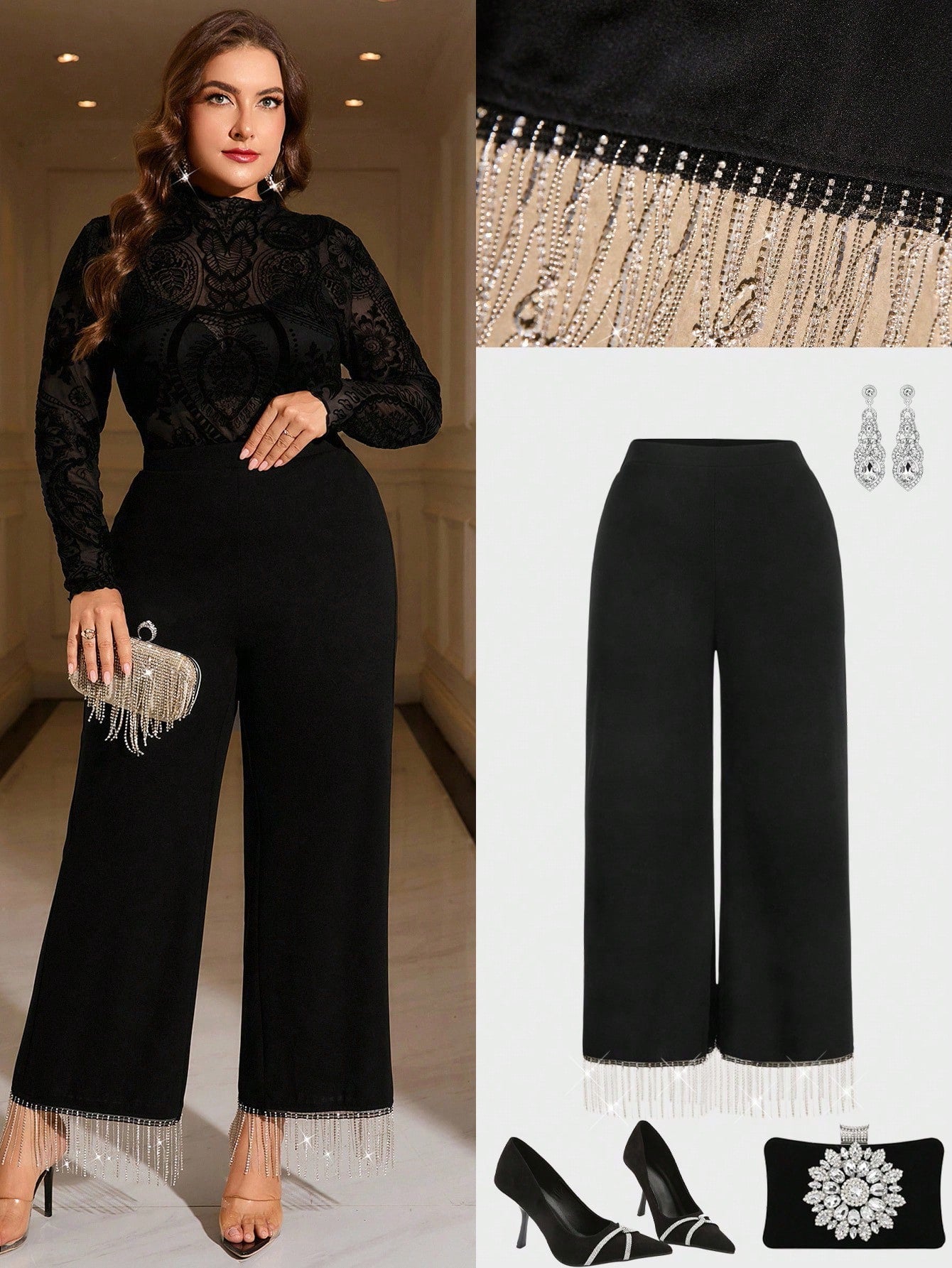Elegant High Waist Pleated Wide Leg Pants,Plus Size - Negative Apparel
