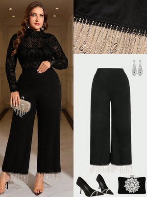 Elegant High Waist Pleated Wide Leg Pants,Plus Size - Negative Apparel