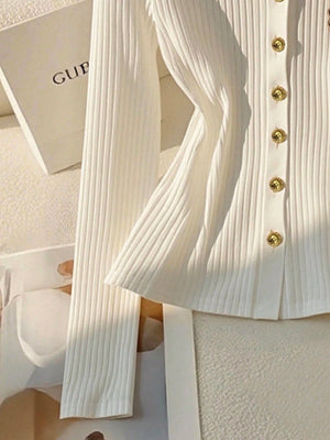 Elegant Knitted Long Sleeve Button Decorated Women T-Shirt Fall Cloth For Women - Negative Apparel