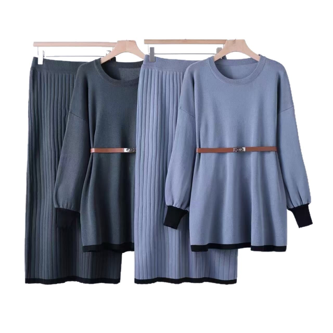 Elegant knitted skirt solid color belt lantern sleeve top skirt two - piece set - Negative Apparel