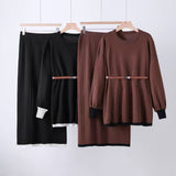 Elegant knitted skirt solid color belt lantern sleeve top skirt two - piece set - Negative Apparel