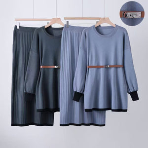 Elegant knitted skirt solid color belt lantern sleeve top skirt two - piece set - Negative Apparel