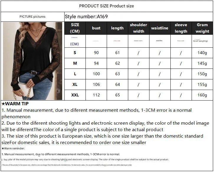 Elegant lace lace V - neck splicing loose long - sleeved solid color T-shirt slim top - Negative Apparel