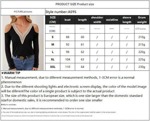 Elegant lace V - neck applique sleeves hollow long - sleeved solid color T-shirt slim top women - Negative Apparel