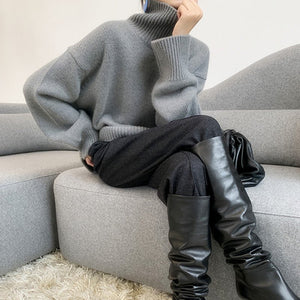Elegant Lady Style Turtleneck Sweater – Solid Color Loose Fit Knit Top - Negative Apparel