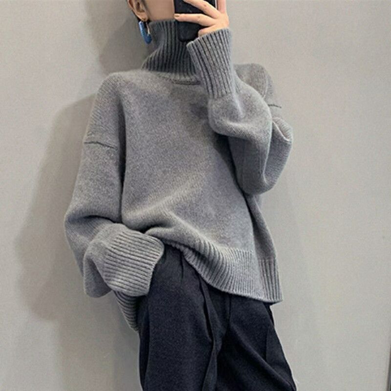 Elegant Lady Style Turtleneck Sweater – Solid Color Loose Fit Knit Top - Negative Apparel