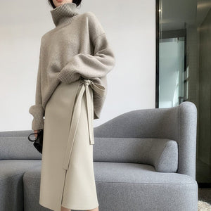Elegant Lady Style Turtleneck Sweater – Solid Color Loose Fit Knit Top - Negative Apparel