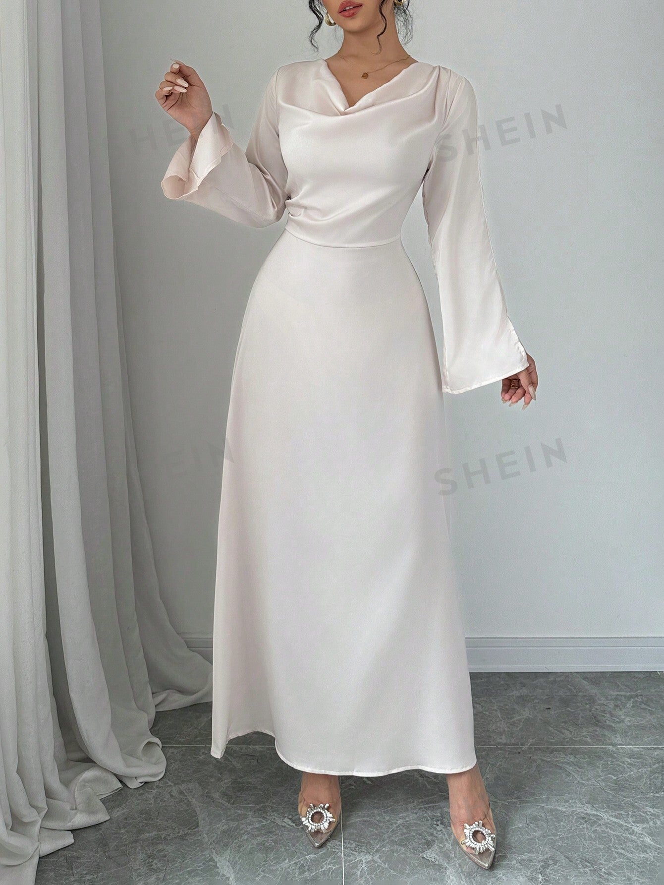 Elegant Long Sleeve Ruched Waist Midi Dress - Negative Apparel