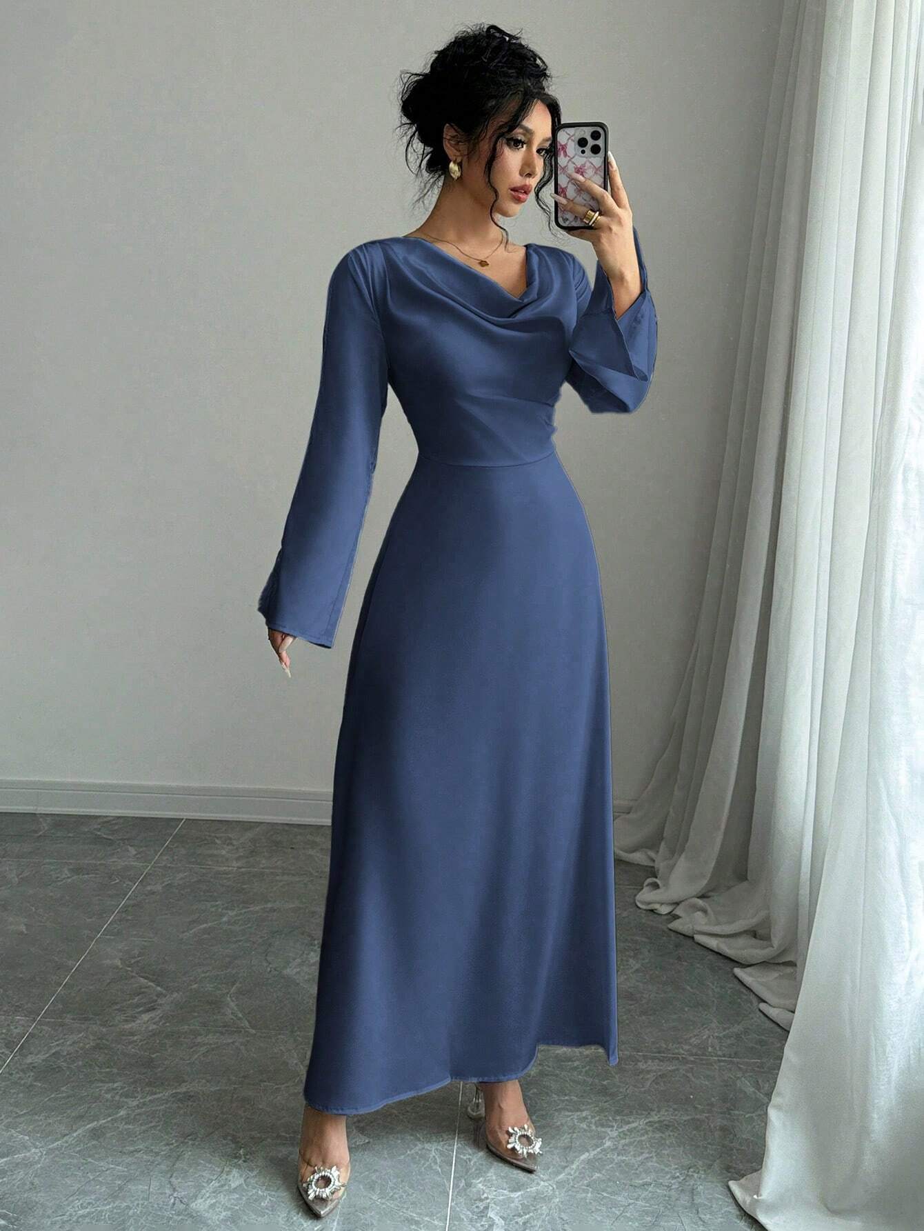 Elegant Long Sleeve Ruched Waist Midi Dress - Negative Apparel