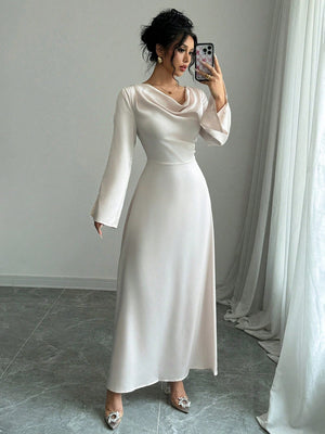 Elegant Long Sleeve Ruched Waist Midi Dress - Negative Apparel