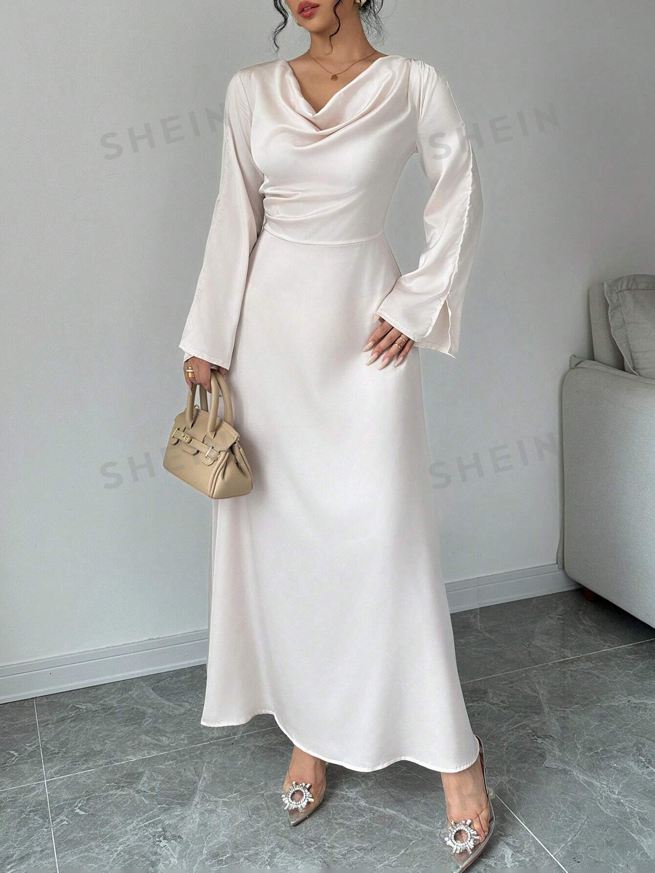 Elegant Long Sleeve Ruched Waist Midi Dress - Negative Apparel