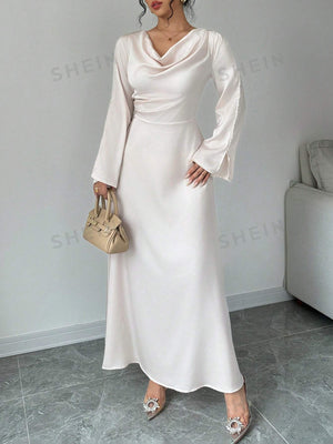 Elegant Long Sleeve Ruched Waist Midi Dress - Negative Apparel