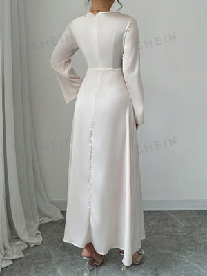 Elegant Long Sleeve Ruched Waist Midi Dress - Negative Apparel