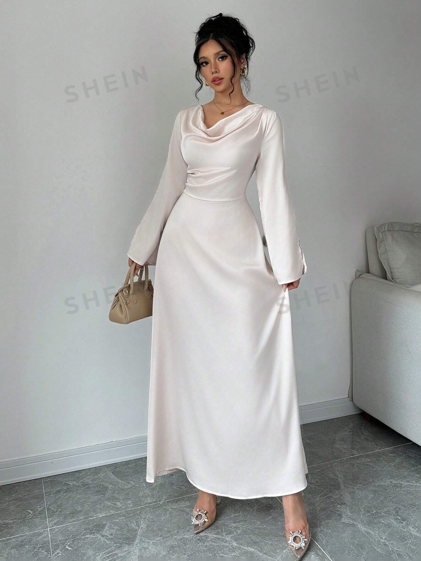 Elegant Long Sleeve Ruched Waist Midi Dress - Negative Apparel