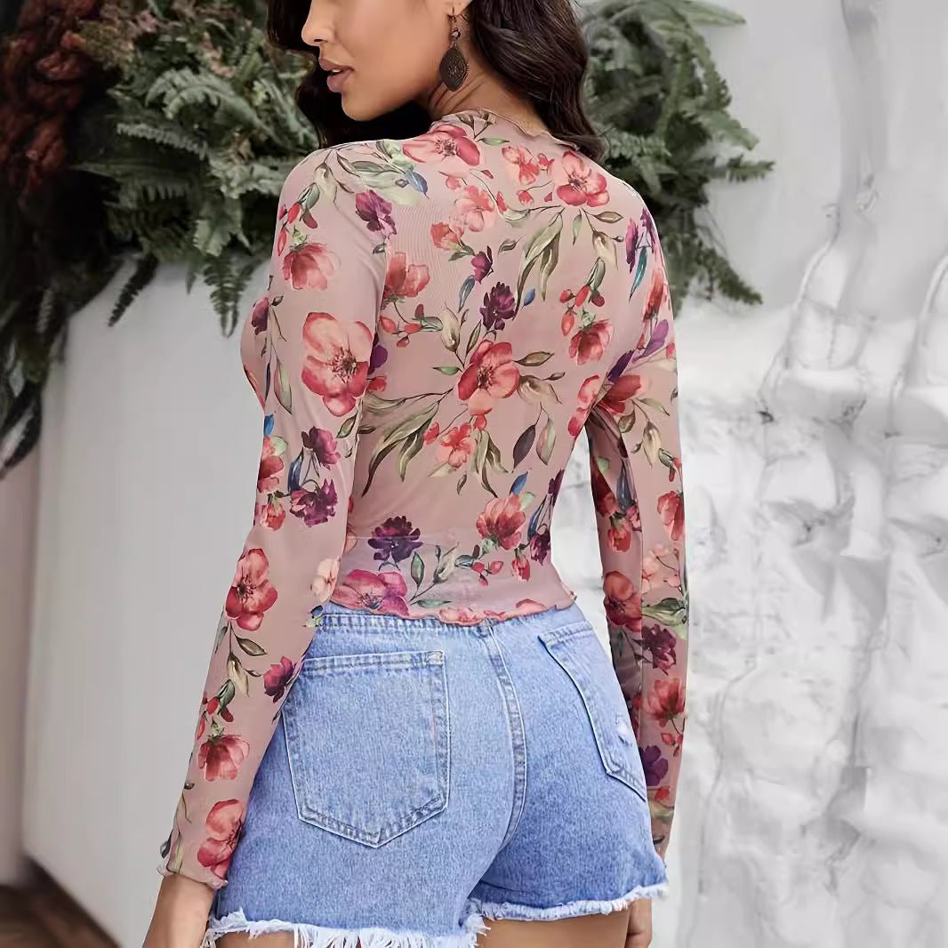 Elegant mesh printing fungus edge long - sleeved T-shirt slim top women - Negative Apparel