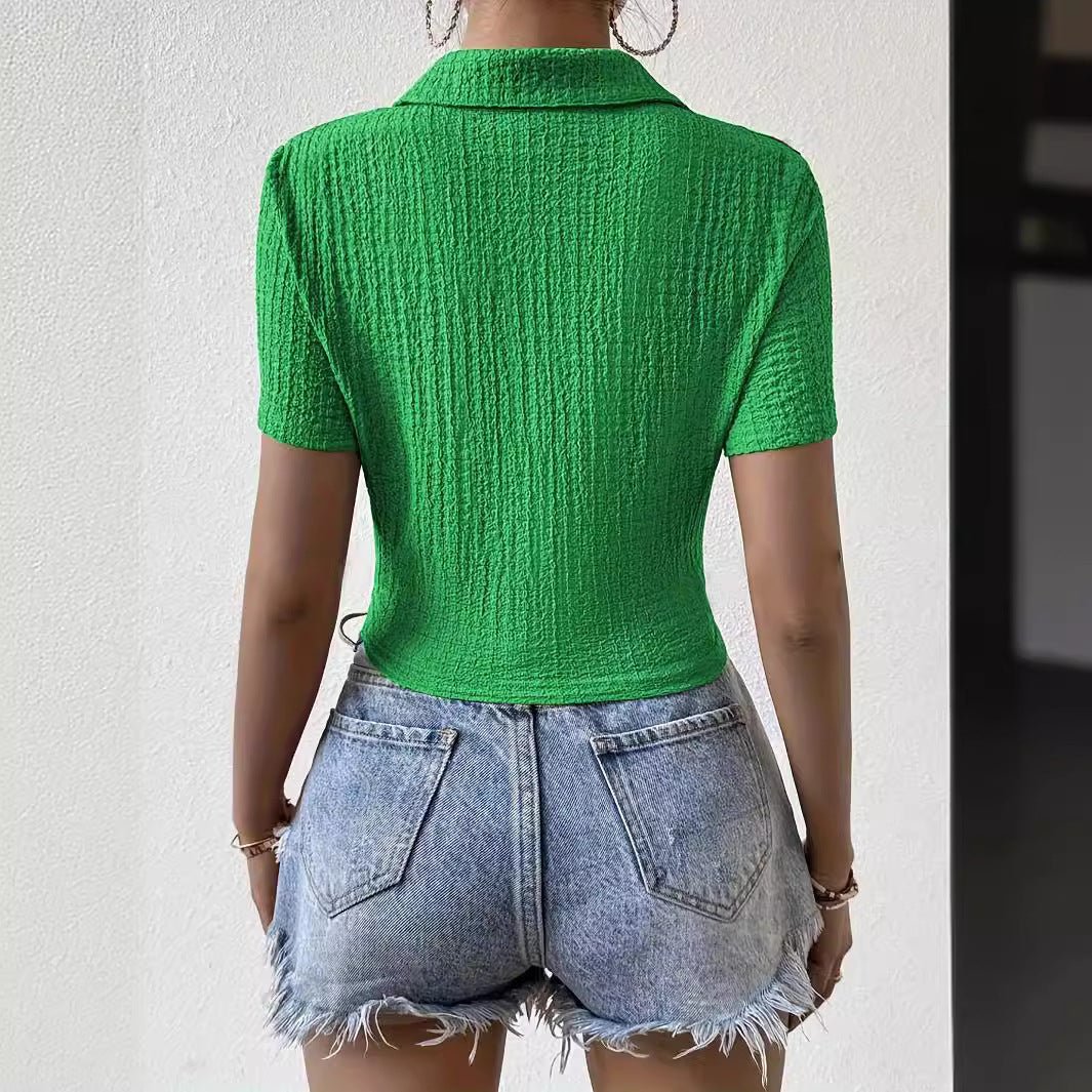 Elegant new solid color fashion breathable knitted short shirt short sleeve women's top - Negative Apparel