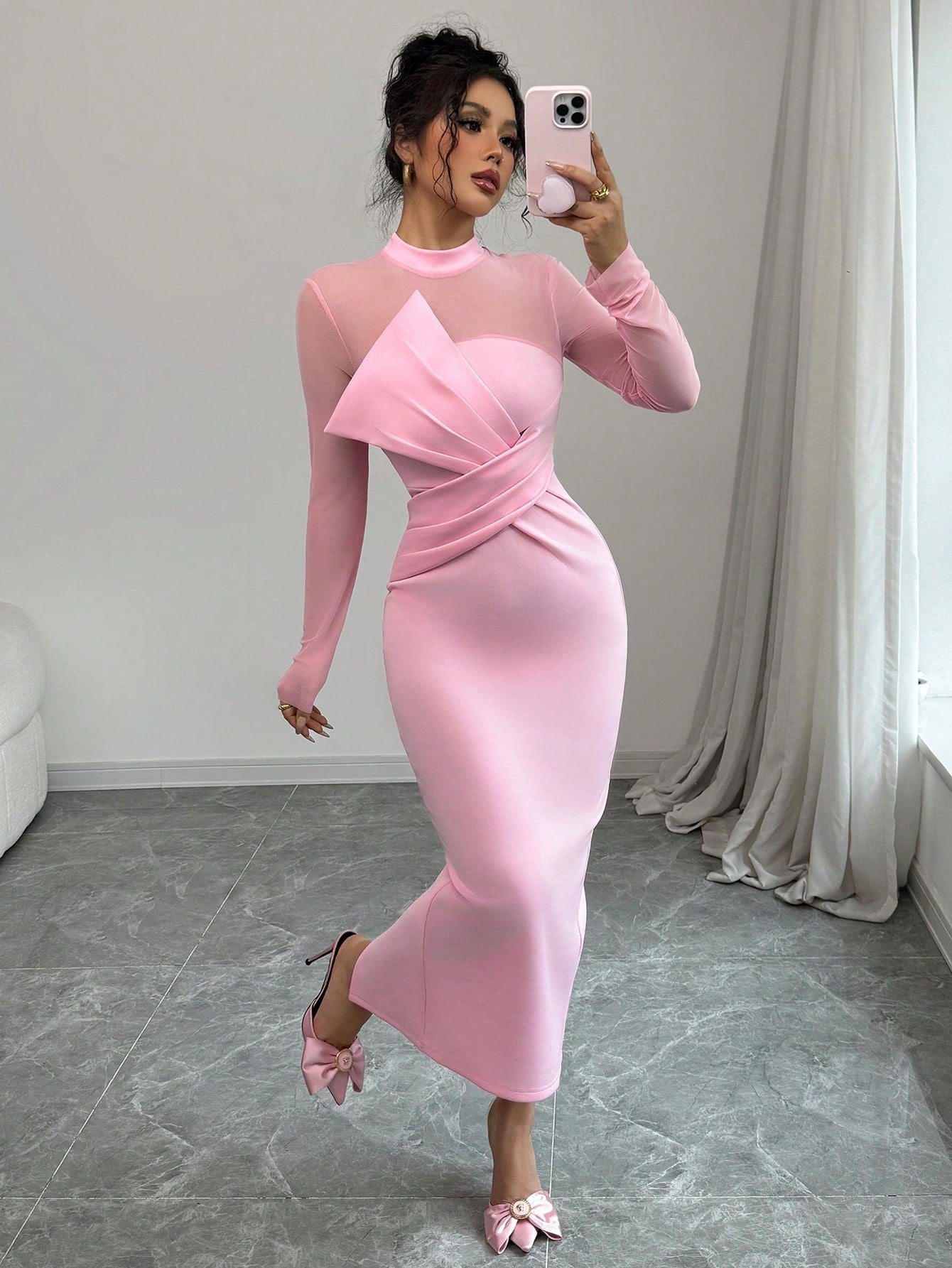 Elegant Quality Mesh Panel Long Sleeve Midi Dress, Waist Defined Party Dress With Slit - Negative Apparel