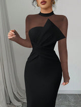 Elegant Quality Mesh Panel Long Sleeve Midi Dress, Waist Defined Party Dress With Slit - Negative Apparel