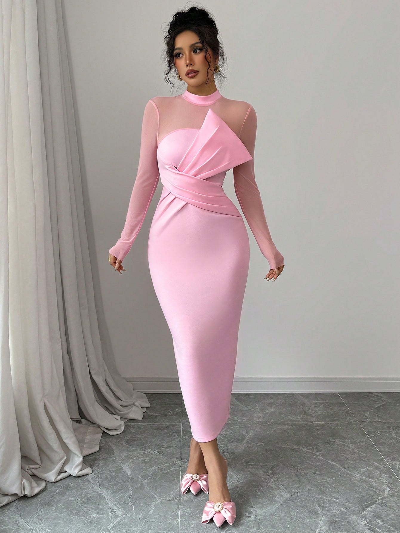 Elegant Quality Mesh Panel Long Sleeve Midi Dress, Waist Defined Party Dress With Slit - Negative Apparel