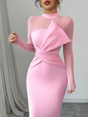 Elegant Quality Mesh Panel Long Sleeve Midi Dress, Waist Defined Party Dress With Slit - Negative Apparel