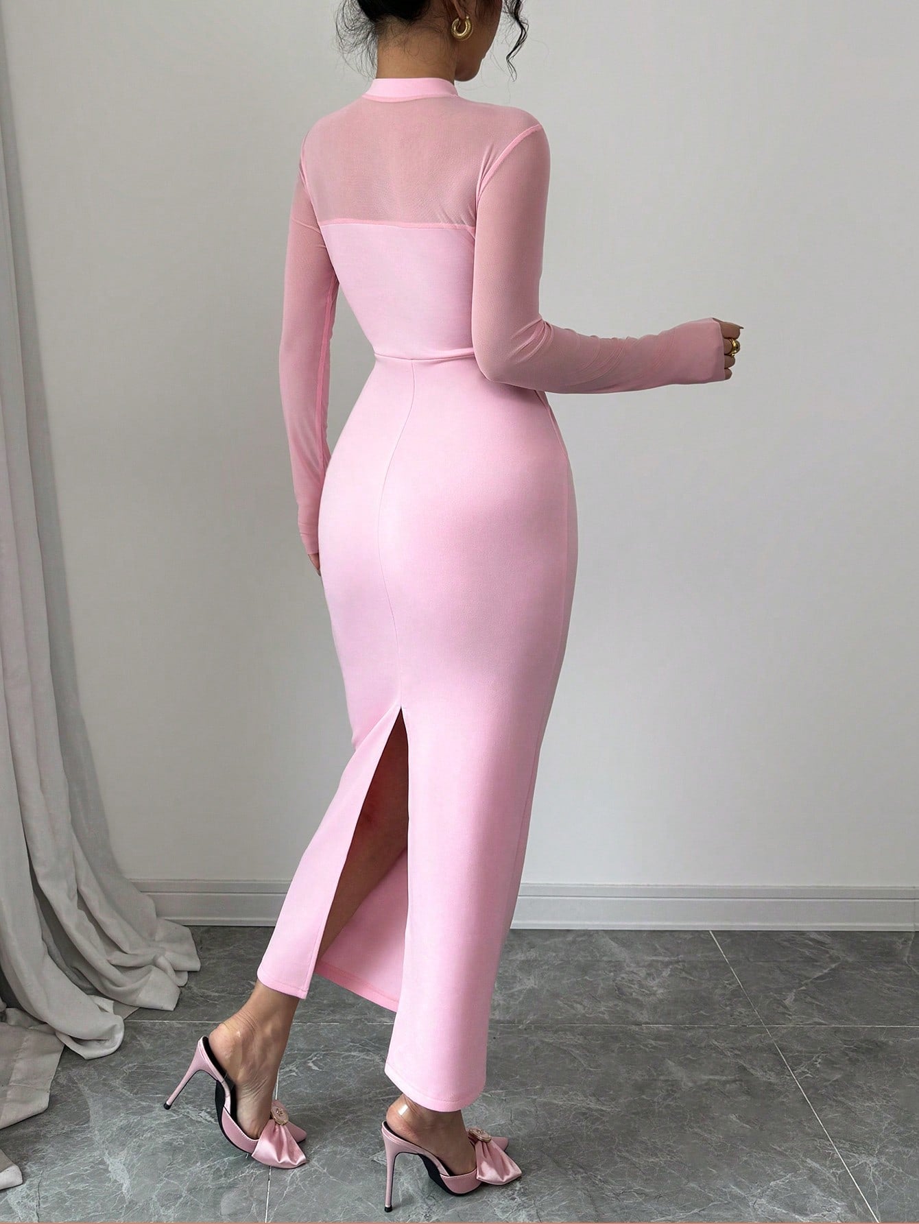 Elegant Quality Mesh Panel Long Sleeve Midi Dress, Waist Defined Party Dress With Slit - Negative Apparel