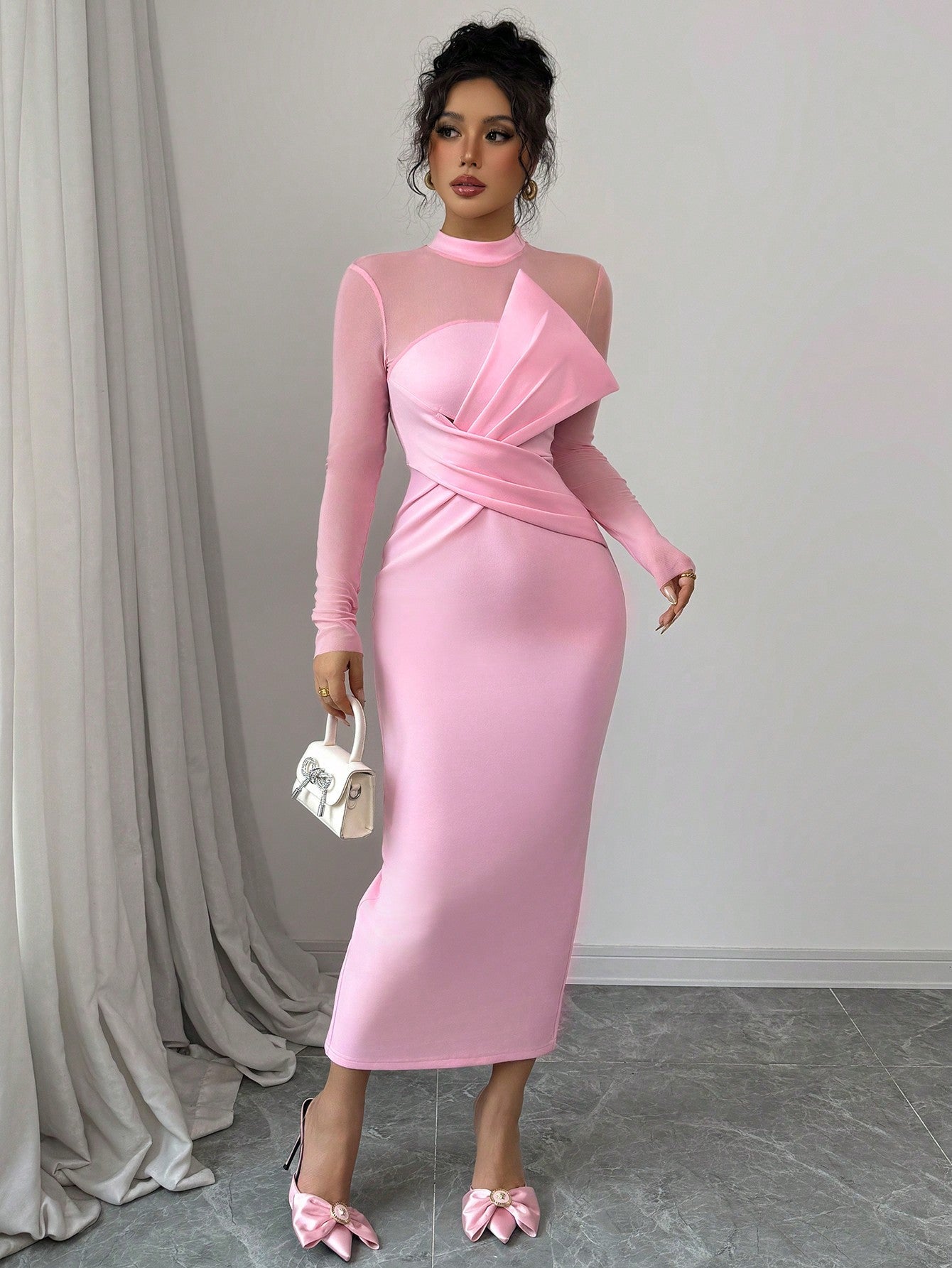 Elegant Quality Mesh Panel Long Sleeve Midi Dress, Waist Def Negative Apparel Elegant Quality Mesh Panel Long Sleeve Midi Dress, Waist Def Negative Apparel