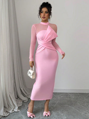 Elegant Quality Mesh Panel Long Sleeve Midi Dress, Waist Defined Party Dress With Slit - Negative Apparel