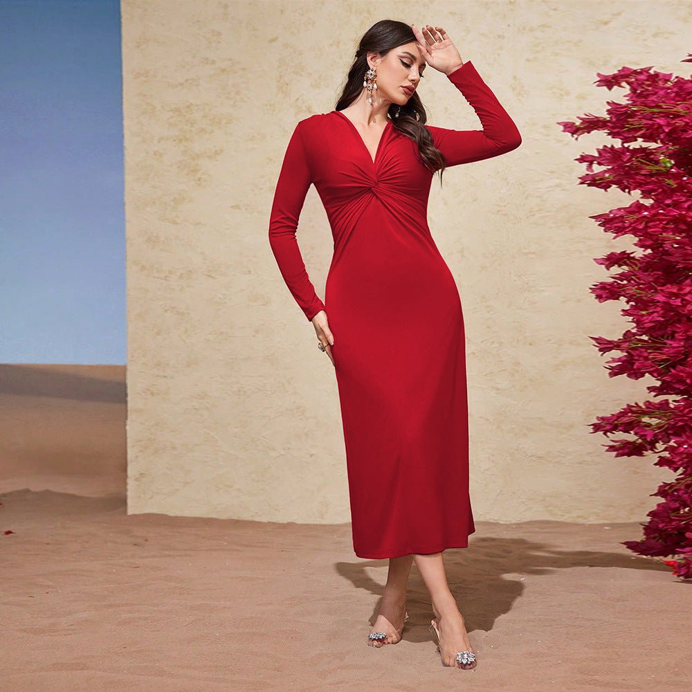 Elegant Red V - Neck Long Sleeve Dress - Negative Apparel