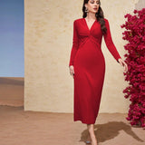 Elegant Red V - Neck Long Sleeve Dress - Negative Apparel