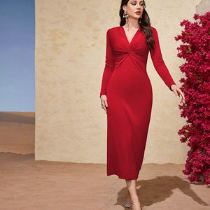 Elegant Red V - Neck Long Sleeve Dress - Negative Apparel