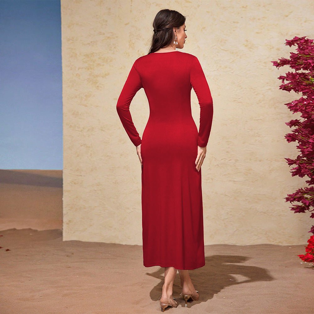 Elegant Red V - Neck Long Sleeve Dress - Negative Apparel