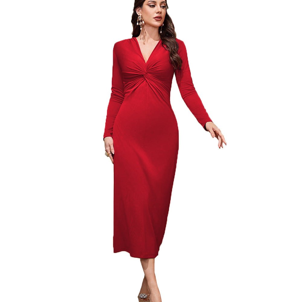 Elegant Red V - Neck Long Sleeve Dress - Negative Apparel