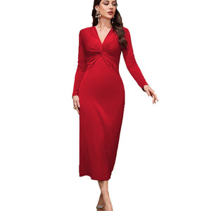 Elegant Red V - Neck Long Sleeve Dress - Negative Apparel