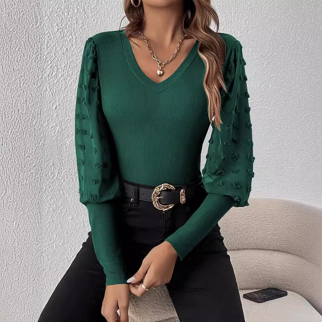 Elegant ribbed V leader chiffon splicing long - sleeved solid color T-shirt - Negative Apparel