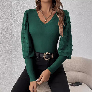 Elegant ribbed V leader chiffon splicing long - sleeved solid color T-shirt - Negative Apparel