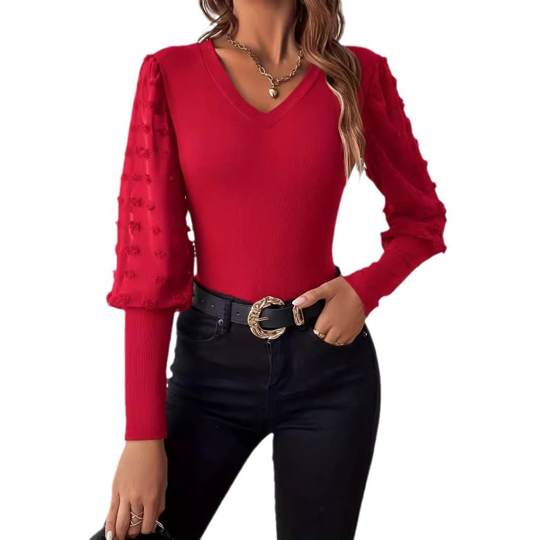 Elegant ribbed V leader chiffon splicing long - sleeved solid color T-shirt - Negative Apparel