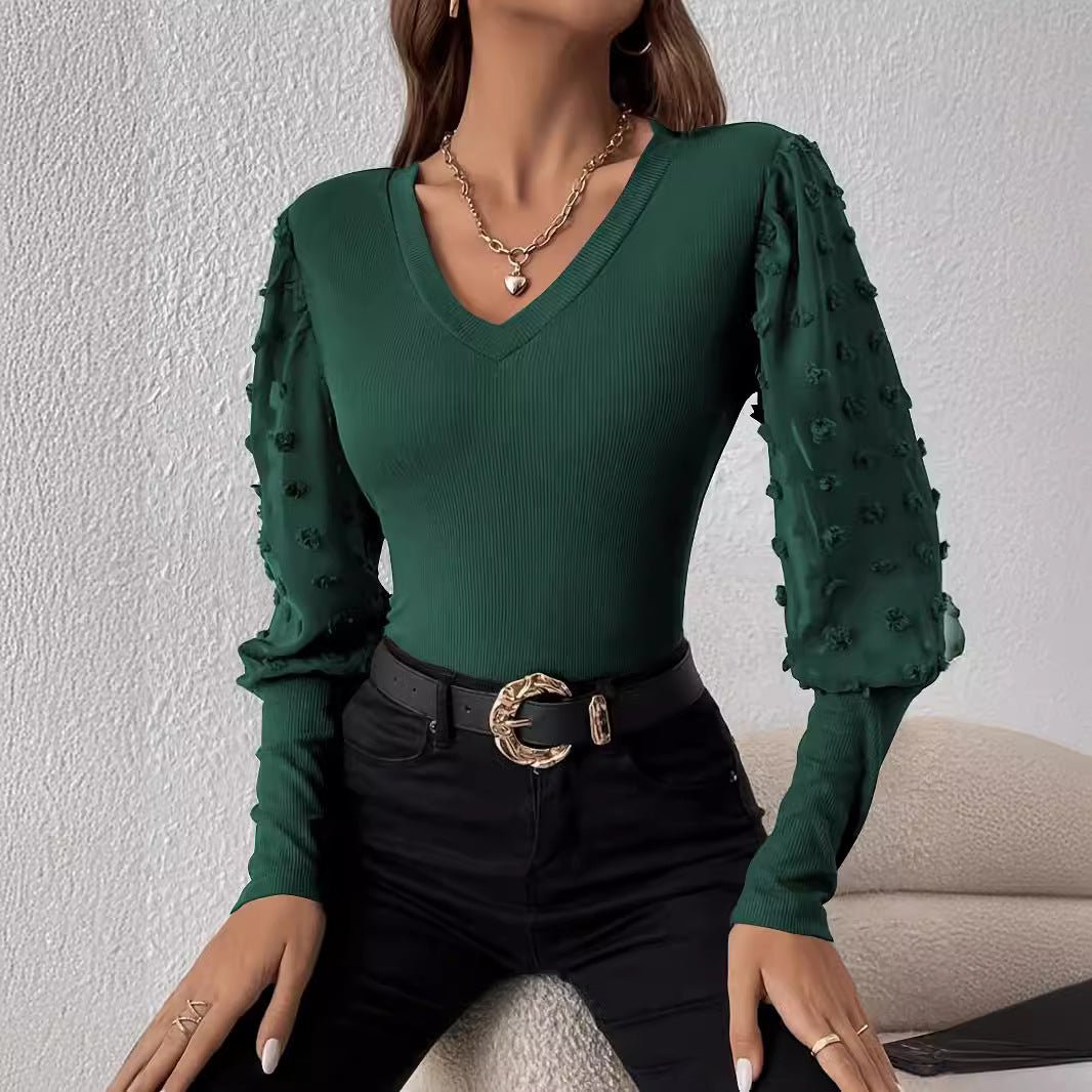 Elegant ribbed V leader chiffon splicing long - sleeved solid color T-shirt - Negative Apparel