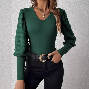 Elegant ribbed V leader chiffon splicing long - sleeved solid color T-shirt - Negative Apparel