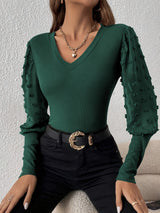 Elegant ribbed V leader chiffon splicing long - sleeved solid color T-shirt - Negative Apparel