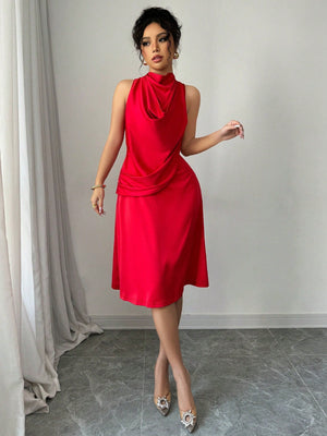 Elegant Romantic Red High Neck Swing Dress For Women - Negative Apparel