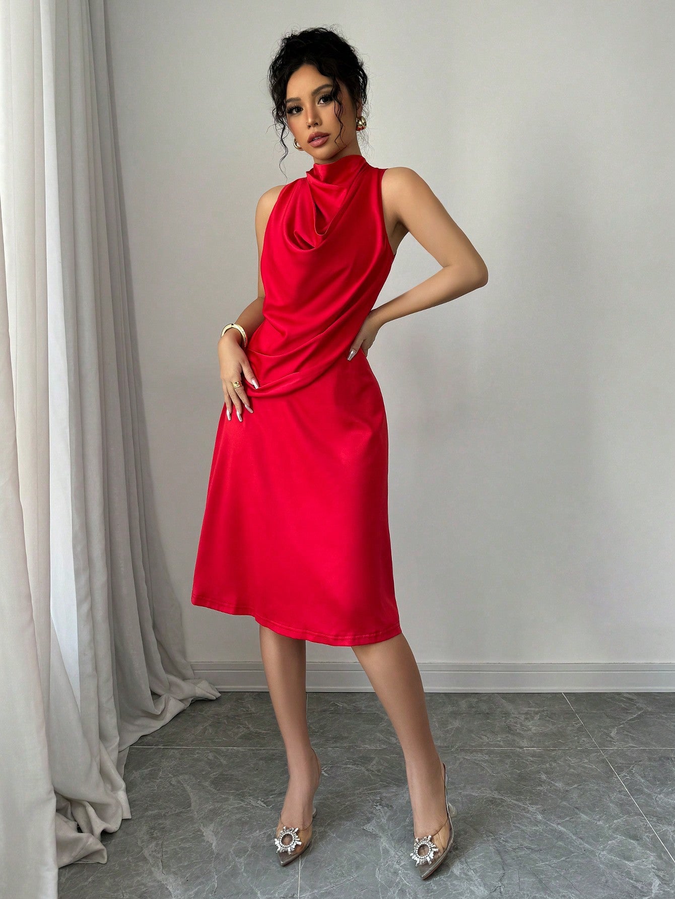 Elegant Romantic Red High Neck Swing Dress For Women - Negative Apparel