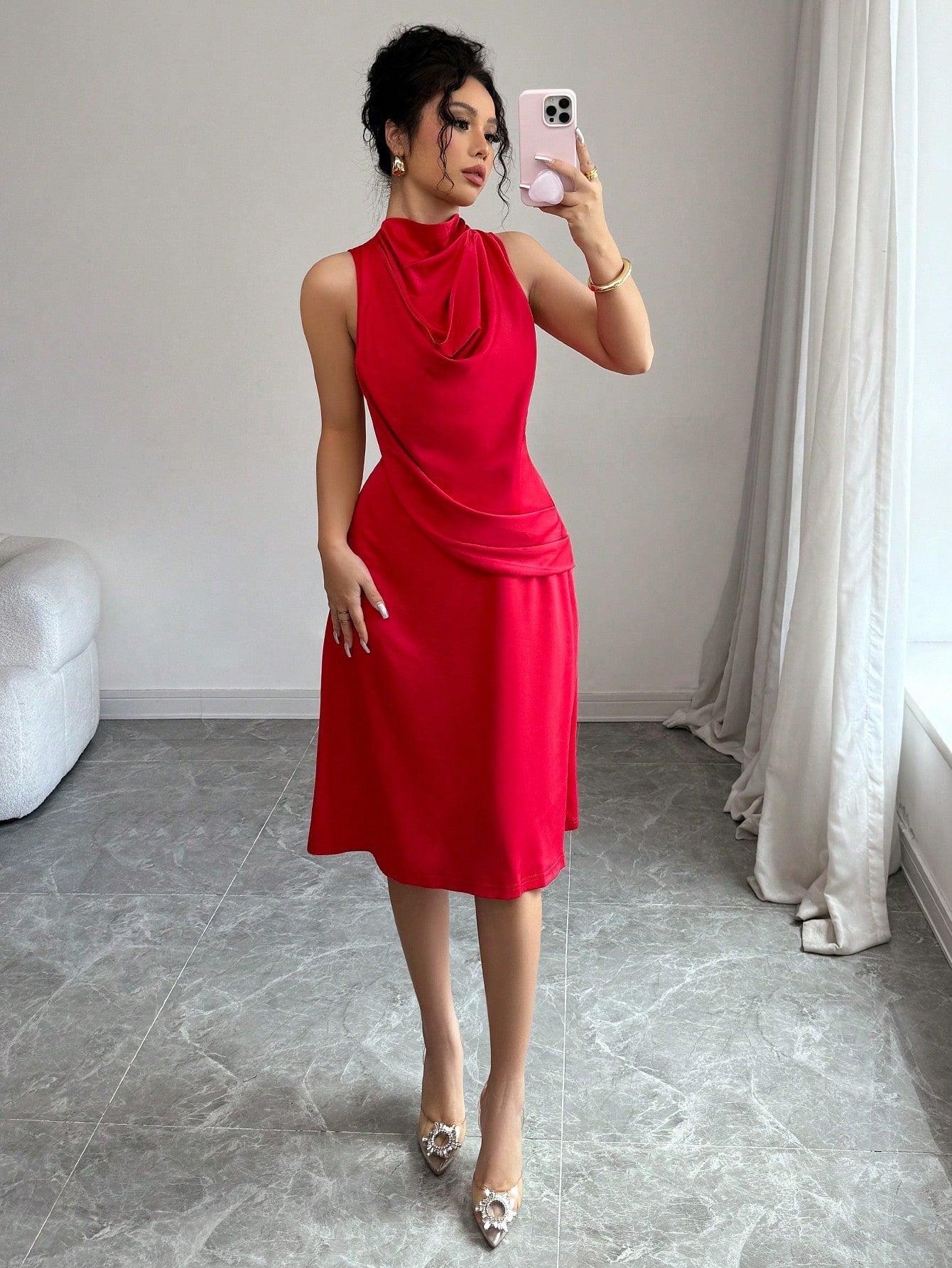 Elegant Romantic Red High Neck Swing Dress For Women - Negative Apparel