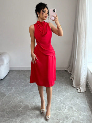 Elegant Romantic Red High Neck Swing Dress For Women - Negative Apparel