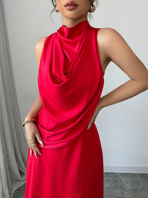 Elegant Romantic Red High Neck Swing Dress For Women - Negative Apparel